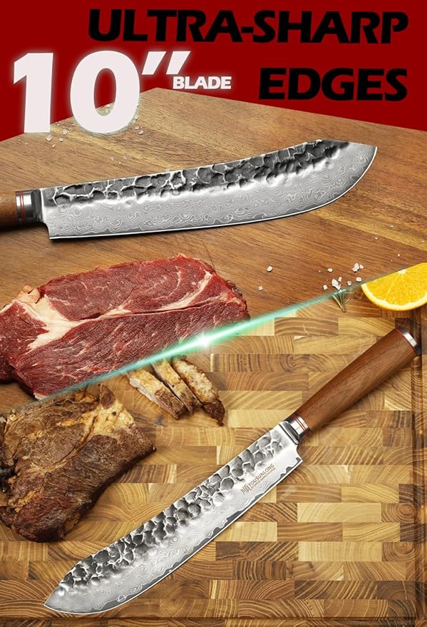 YOUSUNLONG Breaking Knives 10 inch Pro Bull Nose Butcher Knife Japanese Hammered Damascus Steel Natural Walnut Wooden Handle