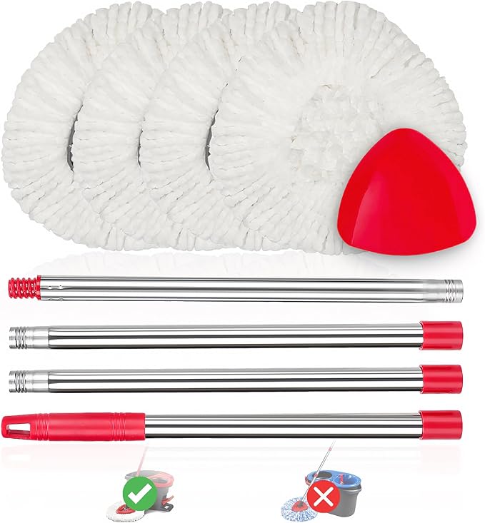 4 Pack Spin Mop Replacements Heads Compatible for O ceda EasyWring 1 Tank System, Microfiber Mops Head Refills , 1 Triangle Head Base and 30-58in Handle Set Combo