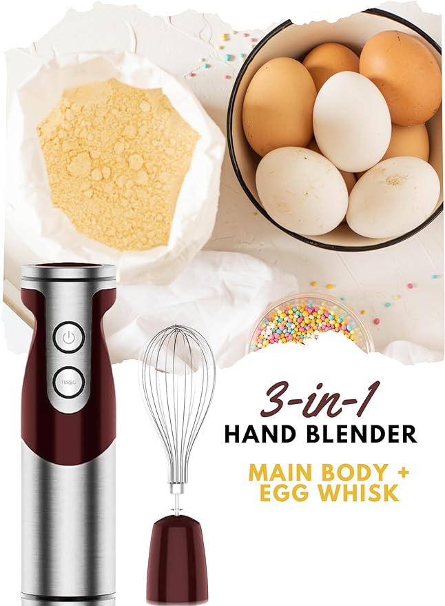Megawise 3-in-1 Hand Blender – 12-Speed, Includes Powerful Blender Stick, Whisk, and Milk Frother – Easy to Clean and Perfect for Smoothies, and More (Red)