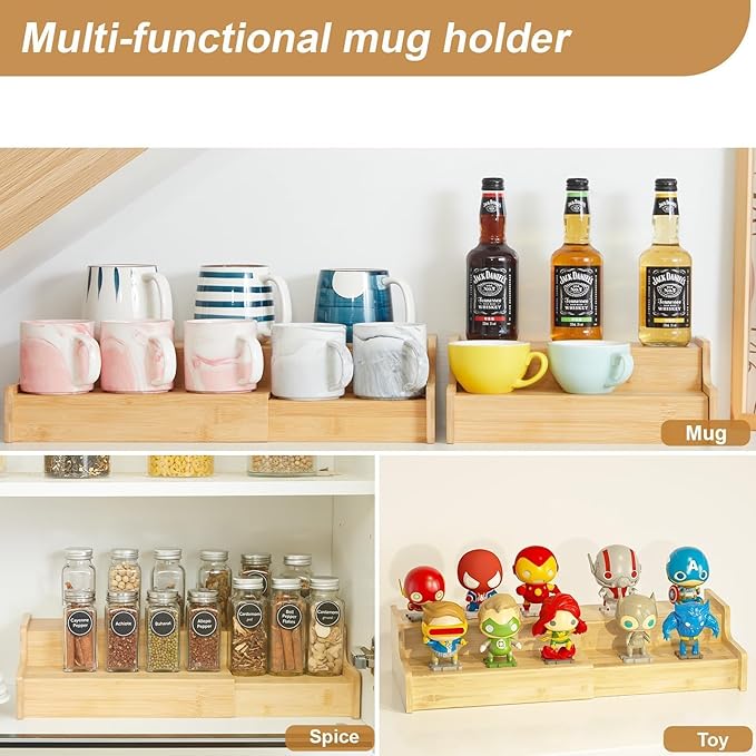 2-Tier Expandable Coffee Mug Holder, Mug Organizer for Kitchen Cabinets, Bamboo Mug Cup Rack, Multi-Functional Cup Holder Shelf, Coffee Bar Organizer, Home