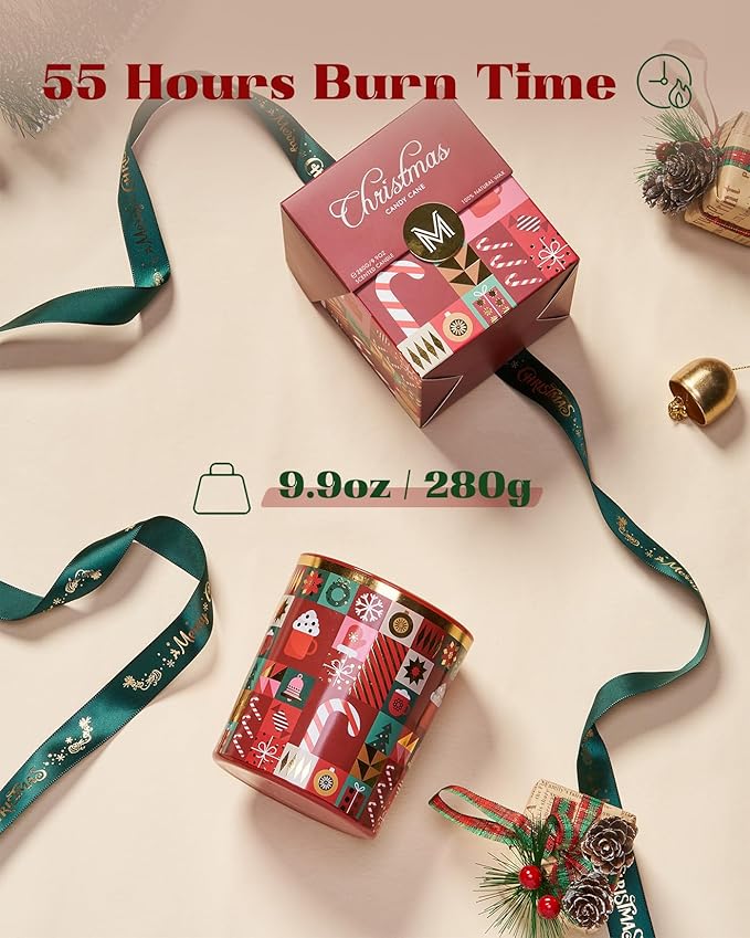 M&SENSE Candy Cane Apple & Coconut Scented Holiday Candle for Christmas, 9.9oz 55Hours Burn Time Fruit Scent Cotton Wick Clean Non Toxic Natural Soy Wax Candle for Spa Yoga Meditation