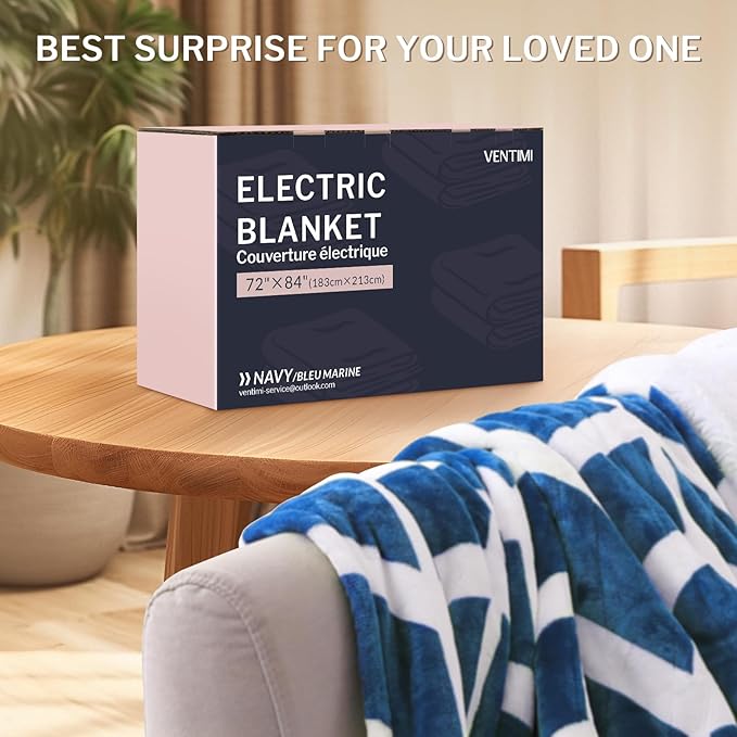 VENTIMI Electric Blanket Heated Throw, 72" x 84" Heated Blanket with 9 Heat Levels & 2 to 10 Hours Auto Off, Fast Heating Blankets with ETL & FCC Certification, Navy
