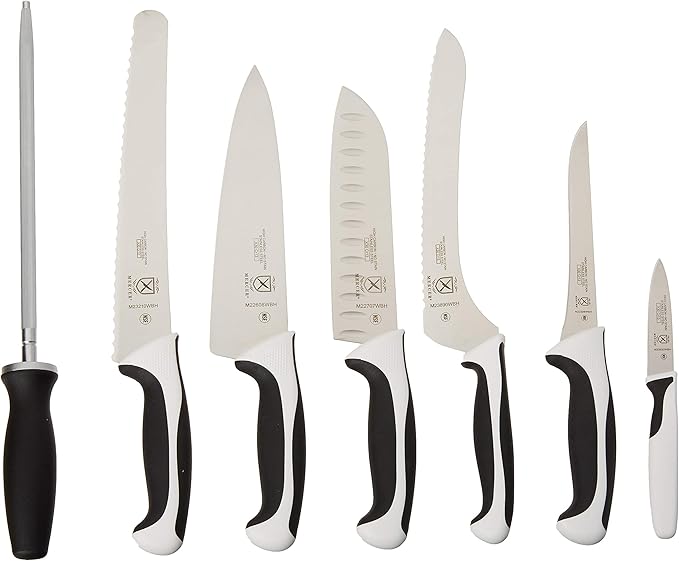 Mercer Culinary Millennia 8-Piece Knife Roll Set, White Handles