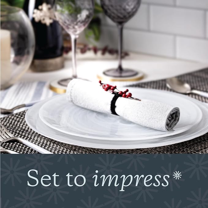 Vikko Dinner Plates, Set of 6 White Alabaster Plates, 11" Plate with Marbelized, Swirl Design, Elegant Glass Plate, Dishwasher Safe