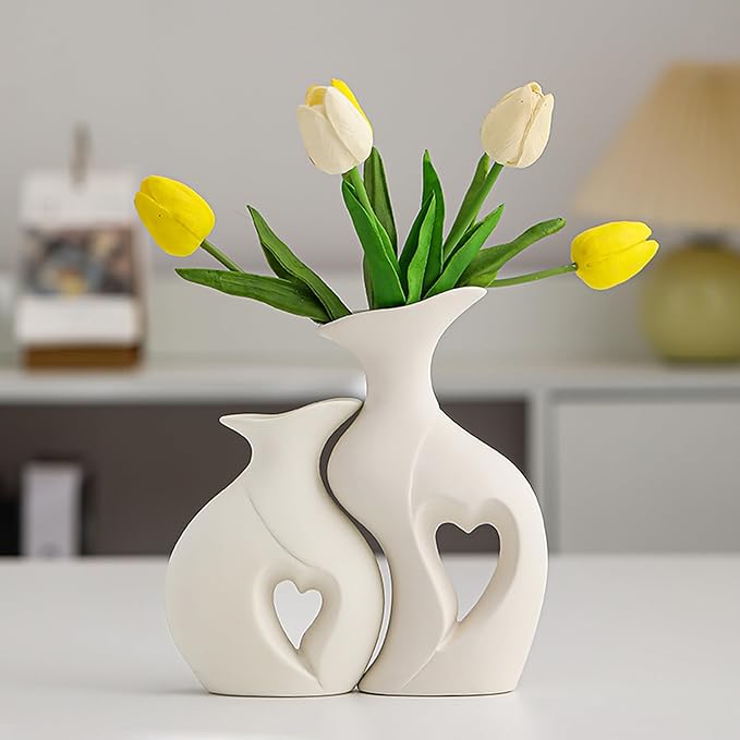 White Ceramic Vase Set of 2 for Home Decor,Minimalist Nordic Boho Vase for Decor,Flower Vases for Wedding,Living Room,Dining Table,Bedroom,Entryway,Office,Coffee Table Decor
