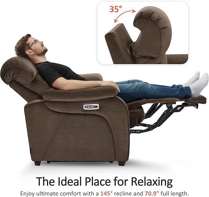 MCombo Wall Hugger Recliner Sofa with Drop Down Table, Power Reclining Sofa with Adjustable Headrest, USB A&C Charge Ports, Reading Lamp, Cup Holders, for Living Room, RVs (Fabric, ST258M3, Coffee)