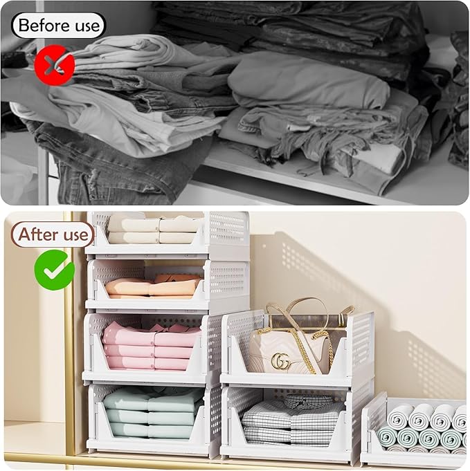 5 Pack Folding Closet Organizers Storage Box, Stackable Storage Bins, Plastic Drawer Basket Closet Storage for Wardrobe Cupboard Kitchen Bathroom Office 5L (White)