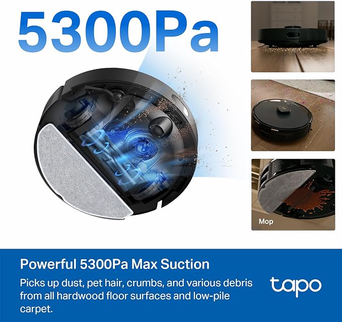 Tapo LiDAR Smart Navigation Robot Vacuum and Mop, 5300Pa Max, 97%+ Dust Pickup Rate, Customizable Cleaning, Self-Charging, Works w/Alexa & Google Home, RV30 Max