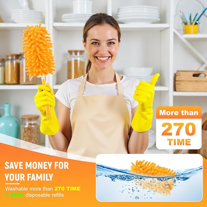 Reusable Duster Refill for Swiffer Duster Refill, 360° Heavy Duty Duster Refills Kit, 5 Pack with 1 Handle Microfiber Ceiling Fan Dusters for Cleaning(Orange, 9PCS)