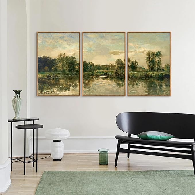 Tinonedraw Vintage Landscape Framed Canvas Wall Art Set of 3, French Country Art Prints, Nature Green Trees and Lake Art Paintings, Rustic Aesthetic Wall Decor for Living Room Bedroom Office 16"x24"x3