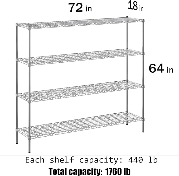 18" Deep x 72" Wide x 64" Height Wire Shelving Kit | 4-Tier | NSF Commercial Storage Rack Unit