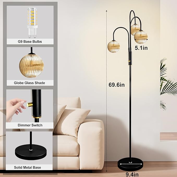 Lightdot 70IN Dimmable Floor Lamp for Living Room, 3 Light LED Tree Floor Lamps with 3Pcs Glass Globe, 3000K Soft Warm White for Wedding/Party, Mid Century Standing Tall Lamp for Bedroom/Office-Black