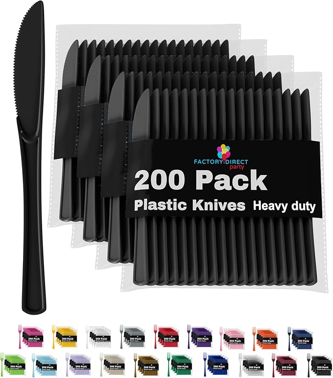 Party Solids Black Plastic Knives 200 Pcs Black Knives Disposable Utensils Heavy Duty Plastic Cutlery Set Disposable Cutlery Sets Flatware Sets Silverware Set Party Supplies & Party Tableware