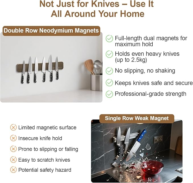 Magnetic Knife Holder for Wall,16.5 Inch Magnetic Knife Strip,Acacia Wood Double Sided Magnetic Knife Rack for Fridge,No Drilling