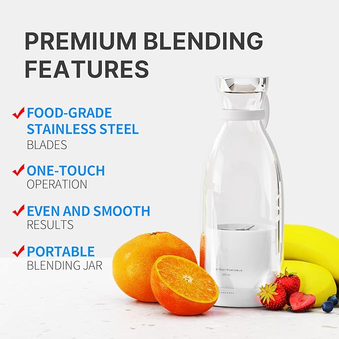 OTPEIR Portable Blender for Shakes and Smoothies with 11.83 Oz Travel Cup and Lid,Durable Stainless Steel Blades for Juice Blending Performance, White
