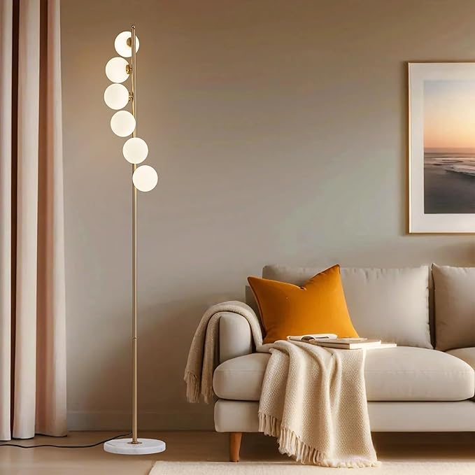 NKU Mid Century Floor Lamp Unique Glass lamp with Foot Switch, Modern Standing Tall Lamp for Living Room 3 Color Temperatures 6 Globe Floor Lighting for Bedroom Office(Gold)