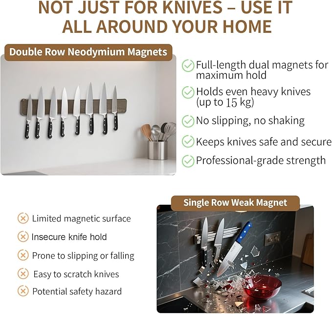 Magnetic Knife Holder for Wall,20 Inch Magnetic Knife Strip,Acacia Wood Double Sided Magnetic Knife Rack for Fridge,No Drilling