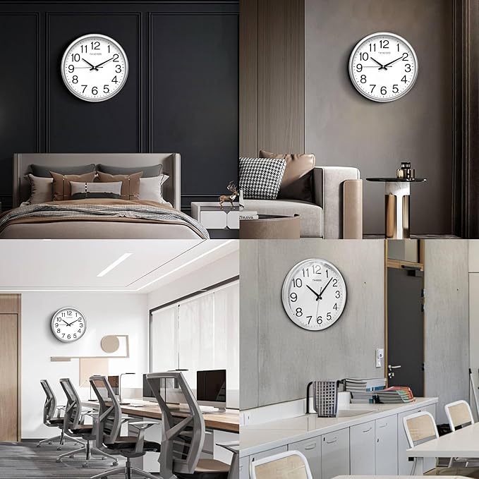 Wall Clock, 18 Inch Large Dial Non-Ticking Silent Battery Operated Quality Analog, Ultra-Quiet Movement Quartz, Timeless Stylish Clock, Ideal Modern Home, Office Décor (Sliver)