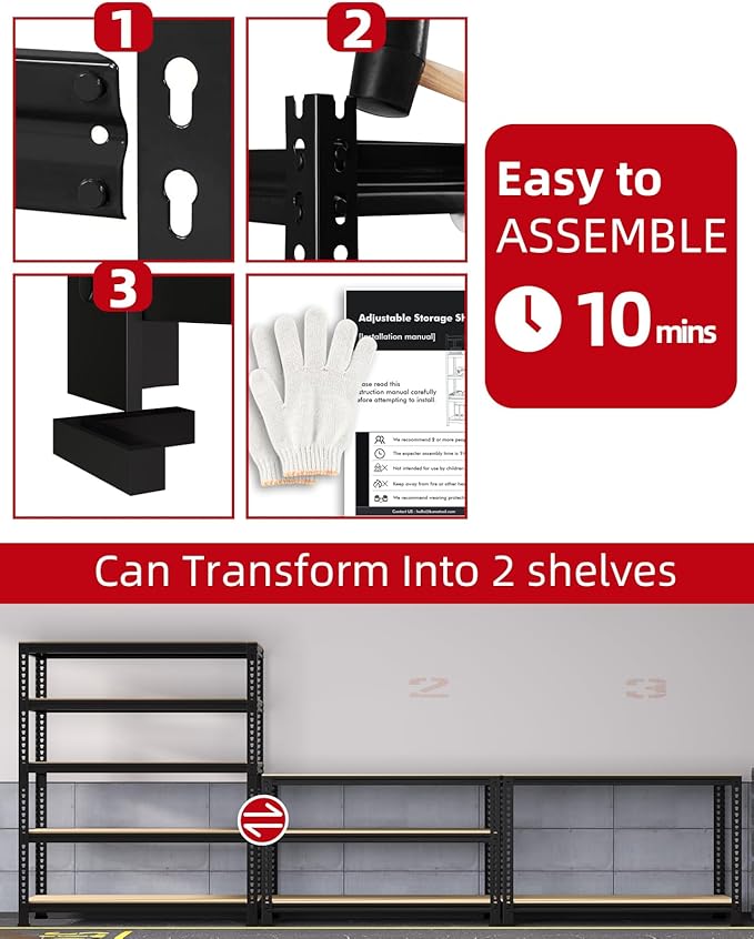 PrimeZone Heavy Duty Garage Storage Shelves - 48" W X 24" D X 72" H Adjustable Metal Shelving Unit, 5 Tier Industrial Shelves for Storage Standing Utility Rack for Warehouse, Basement, Black, 5 Pack