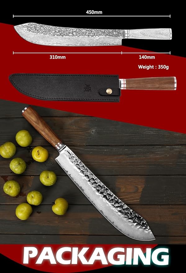 YOUSUNLONG Breaking Knives 12 inch Max Bull Nose Butcher Knife Japanese Hammered Damascus Steel Natural Walnut Wooden Handle