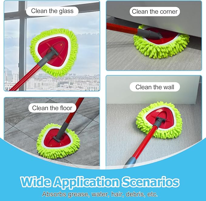 Spin Mop Handle, Mop Replace Heads, Scrubber Head and Base Replacement for O-Cedar EasyWring 1 Tank System, 2 Microfiber Mops Heads Replacements and 1 Scrub Brush, Use for Wet/Dry Hard Floor Cleaning