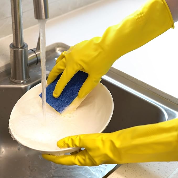 4 Pairs Rubber Kitchen Dishwashing Gloves - Colorful Reusable Household Cleaning Gloves Outdoor Chores for Women & Men (Large)