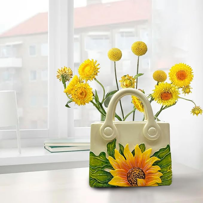 Small Purse Vase for Flowers - Sunflower Cute Mini Handbag Flower Vase for Organic Modern Table Centerpiece Decor, Unique Beige Resin White Vases for Party/Kitchen/Neutral/Bedroom