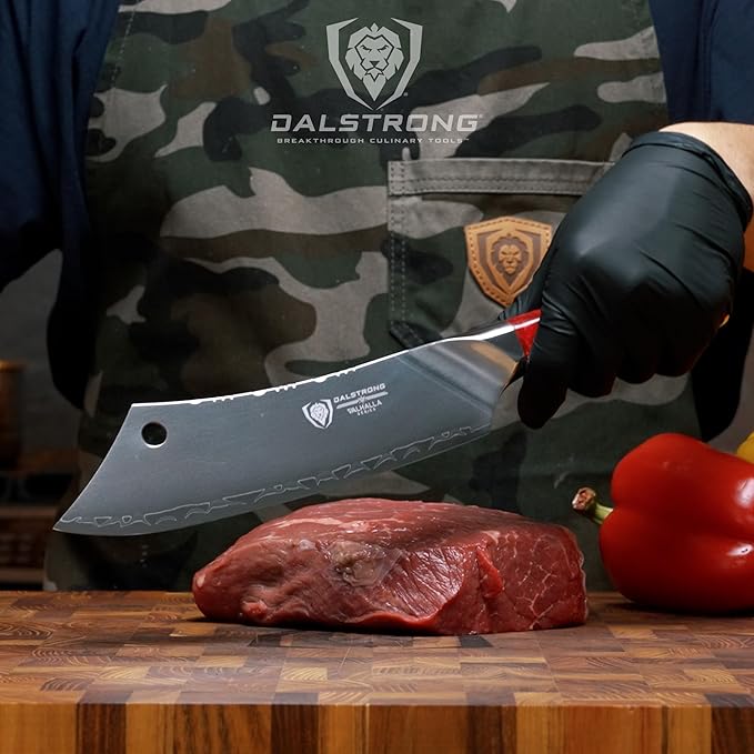 Dalstrong Chef & Cleaver Hybrid Knife - The 'Crixus' - 8 inch - Valhalla Series - 9CR18MOV HC Steel - Red Resin & Wood Handle - Razor Sharp Chef's Knife - w/Leather Sheath