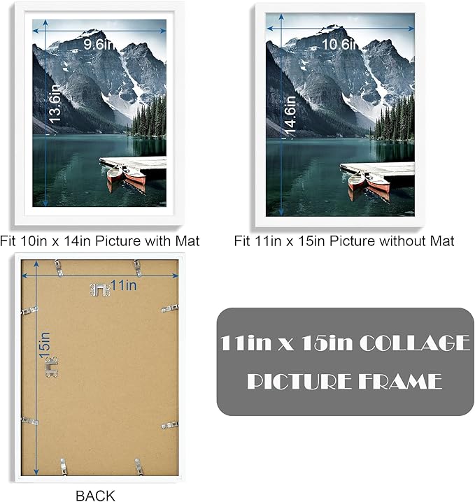 11x15 Picture Frame with Real Glass - Display Pictures 10x14 with Mat or 11 x 15 without Mat, Wall Collage Photo Frame set(White, 1 Pack)