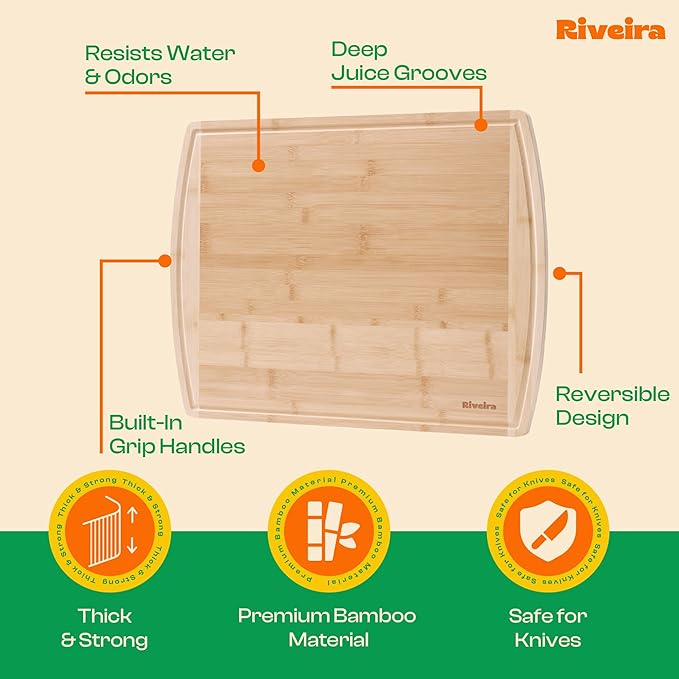 Riveira Two Tone Bamboo Wood Cutting Board – Gourmet Bamboo Grandeur: 24 x 18 Wooden Cutting Board – Wooden Cutting Boards For Kitchen Decorative – Innovative Juice Grooves Wooden Chopping Board