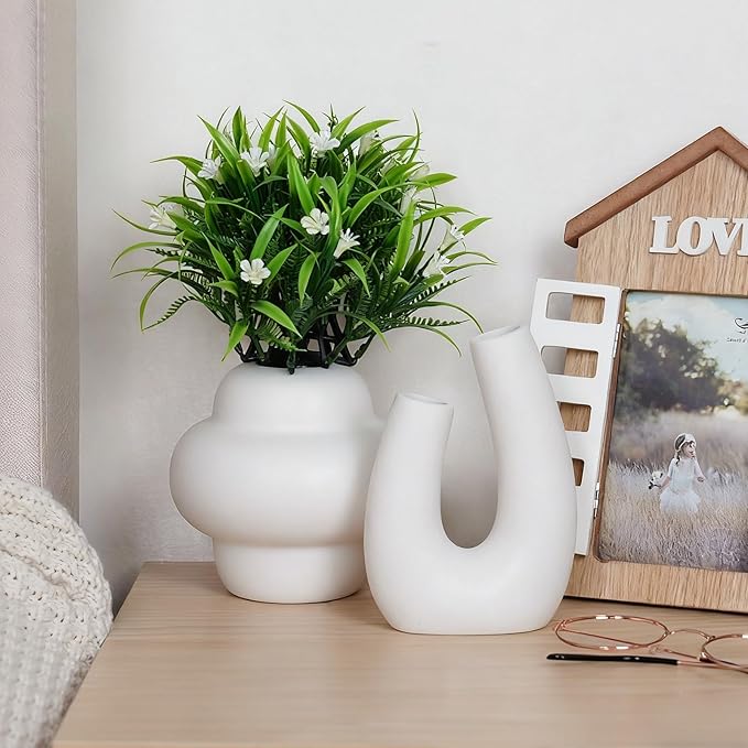 CUCUMI Ceramic Flower Vase Set of 5 Modern Nordic Boho Style Decorative Vases Home Decor, Matte Ceramic Decorations for Living Room Shelf, Bookshelf Mantle Entryway Table or Console Décor