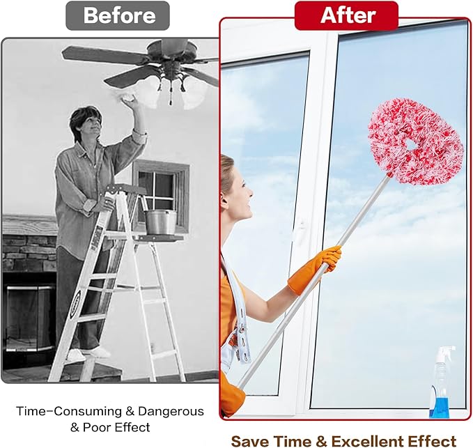 Ceiling Fan Cleaner Duster Reusable Microfiber Ceiling Fan Blade Cleaner Removable Duster with Extension Pole Adjusts 13 to 49.7 Inch for Cleaning Walls Furniture Door Window Top (Red White)
