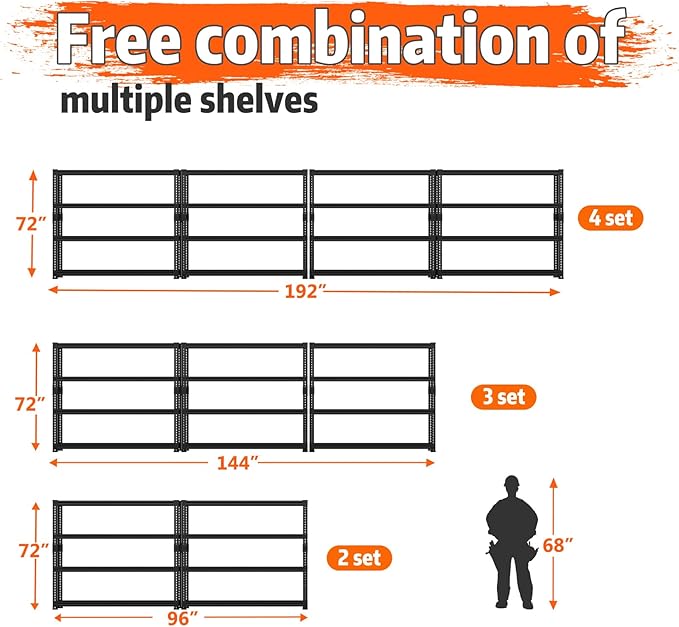 Storage Shelves Heavy Duty, 48"L x 18"W x 72"H Garage Storage Shelves Unit Loads 2960LBS, 4-tier Adjustable Metal Industrial Utility Shelf Rack for Kitchen, Laundry Room, Pantry, Warehouse, Basement