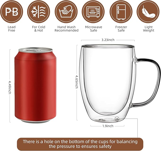 CNGLASS 12oz Double Walled Glass Coffee Mugs,Insulated Glass Mugs with Handle,Clear Espresso Cups for Latte,Cappuccino,Tea Bag,Set of 2