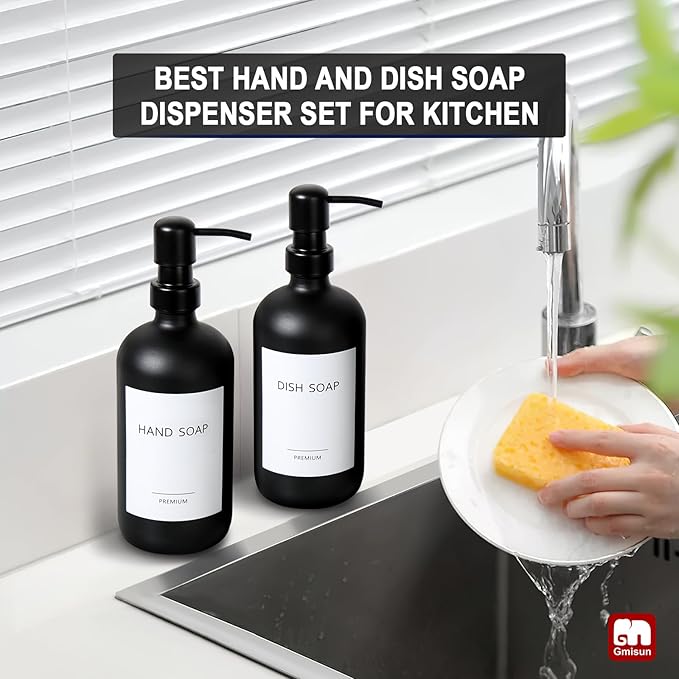 GMISUN Black Soap Dispenser, 2 Pack Matte Black Hand Soap Dispensers for Bathroom, 17 Fl Oz Glass Dish Soap Dispensers for Kitchen with Stainless Steel Pump, Modern Liquid Soap Bottle