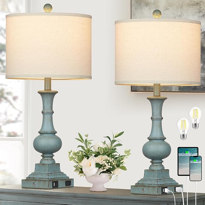 Farmhouse Table Lamps Set of 2, Rustic Touch Control Bedside Lamps with 2 USB Ports & AC Outlet, Vintage Resin 3-Way Dimmable Nightstand Lamp Linen Fabric Shade for Living Room Bedroom Decor Blue