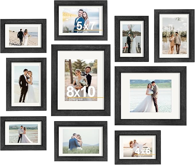 Picture Frames Set of 10 Balck, Bulk MDF Frames for 8x10, 5x7, 4x6 Photos Real Glass for Wall or Tabletop