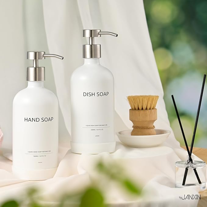 Glass Kitchen Soap Dispenser Set with Ceramic Tray,16.9 floz Hand and Dish Soap Dispenser for Kitchen and Bathroom Decor,White and Silver Kitchen Accessories(White Bottles + Silver Pumps)