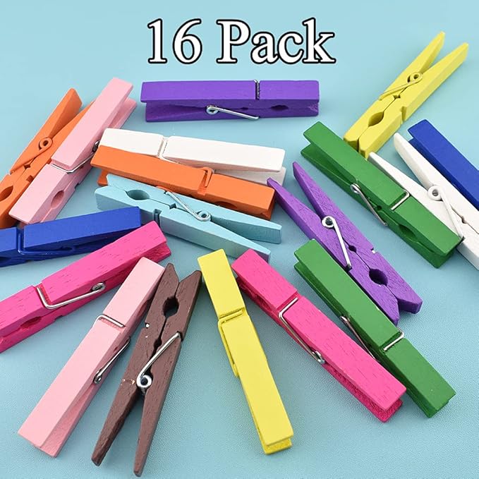 HAHIYO Colorful Wooden Clothes Pins Clothespins Wide Do NOT Fall Apart 2.87 inches Length 16 Pack Sturdy Strong Springs No Rust No Discoloration for Laundry Bathroom DIY Craft Photos Food Opened Bags