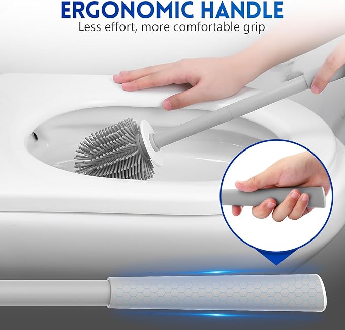 Toilet Brush and Holder Set, Silicone Toilet Bowl Cleaner Brush Bristles, Bathroom and RV Cleaning Tools, Space Saving Toilet Scrubber, Wall Mountable. (Grey)