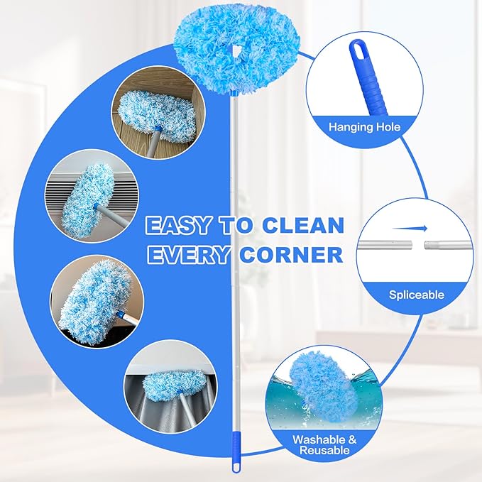 Ceiling Fan Cleaner Duster Reusable Microfiber Ceiling Fan Blade Cleaner Removable Duster with Extension Pole Adjusts 13 to 49.7 Inch for Cleaning Walls Furniture Door Window Top (Blue White)