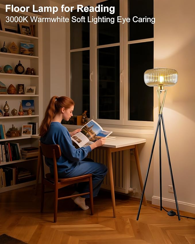 Lightdot Glass Tripod Floor Lamp for Living Room, Modern Gold&Black Standing Lamp with Ribbed Champagne Glass Lampshade, Arc Tall Lamp for Bedroom Office Reading Room, (LED Bulb Included)