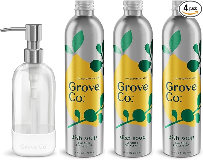 Grove Co. Ultimate Dish Soap Refills (3 x 16 Fl Oz) + Refillable Glass Dish Soap Dispenser for Kitchen Sink with Non-Slip Silicone Sleeve, Plastic Free Cleaning Products, Lemon & Eucalyptus