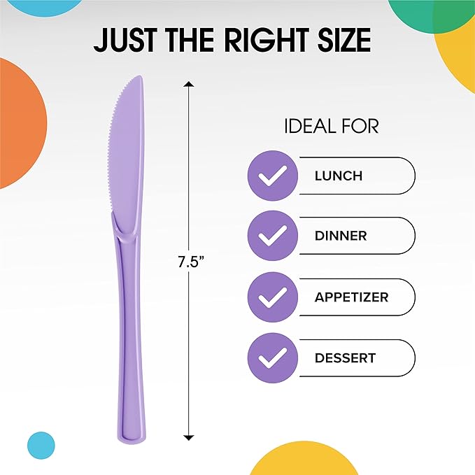 Party Solids Lavender Plastic Knives 200 Pieces Disposable Utensils Heavy Duty Cutlery Set Flatware Silverware for Party Supplies & Tableware