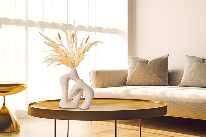 White Flower Vase Set - 2 Pack Minimalist Decor Ceramic Vase, Irregular Ceramic Modern Style Farmhouse for Kitchen Dining Table, Living Rooms, Bedrooms, Offices Decor (White)