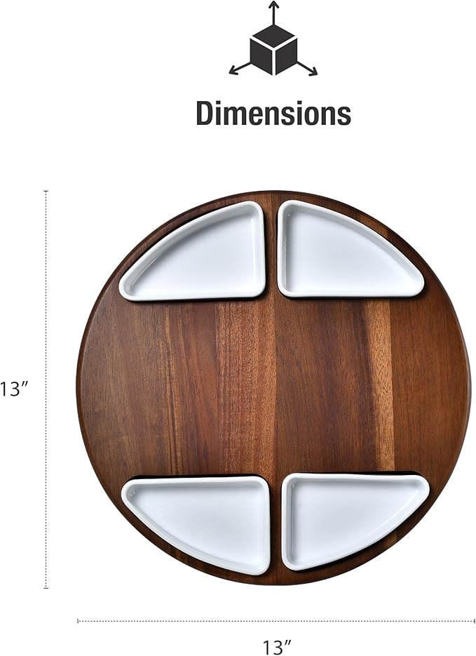Shanik Upgraded Lazy Susan Cheese Cutting Board Set – Round Acacia Charcuterie Board with 4 Ceramic Bowls, Elegant Appetizer Tray Gift