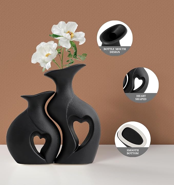 Black Ceramic Vase Set of 2,Filled with Love,Modern Minimalist Bohemian Vases Home Decor,Heart Shape Matte Ceramic Vases for Dinner Table Bookshelf Modern Home Console
