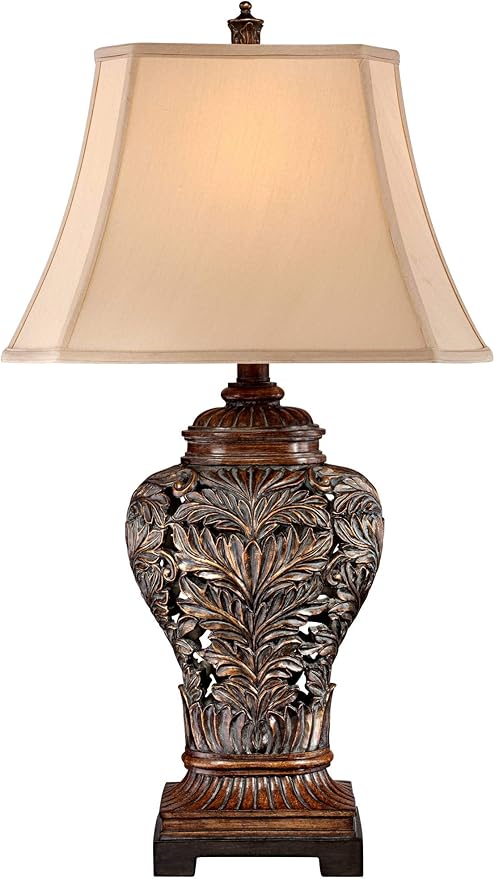 Barnes and Ivy Traditional Table Lamps 32.5" Tall Set of 2 Bronze Brown Carved Leaf Openwork Vase Tan Rectangular Shade Decor for Living Room Bedroom House Bedside Nightstand Home Office