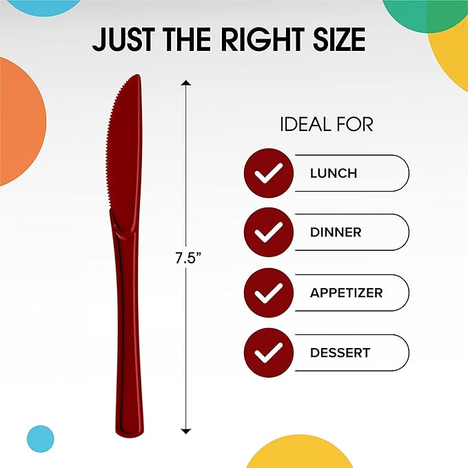 Party Solids Burgundy Plastic Knives 200 Pcs Burgundy Knives Disposable Utensils Heavy Duty Plastic Cutlery Set Disposable Cutlery Sets Flatware Sets Silverware Set Party Supplies & Party Tableware