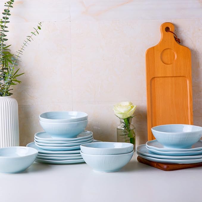 LERATIO Ceramic Plates,8.0 inch Salad Plates Set of 6,Handmade Porcelain Plates for kitchen with Wavy Edge,Microwave & Oven& Dishwashes Safe,Light weight & Scratch Resistant Dishes Light Blue